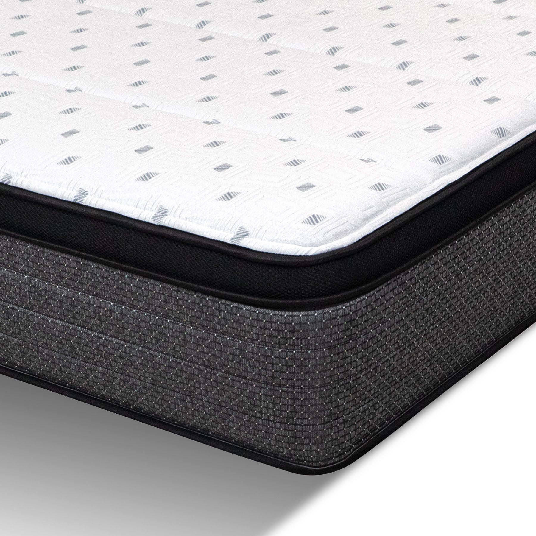 Close-up of a mattress with a patterned top and textured base.