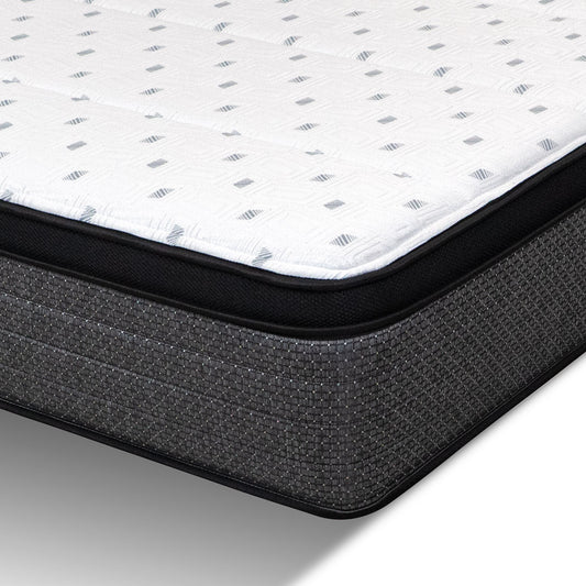 Close-up of a mattress with a patterned top and textured base.