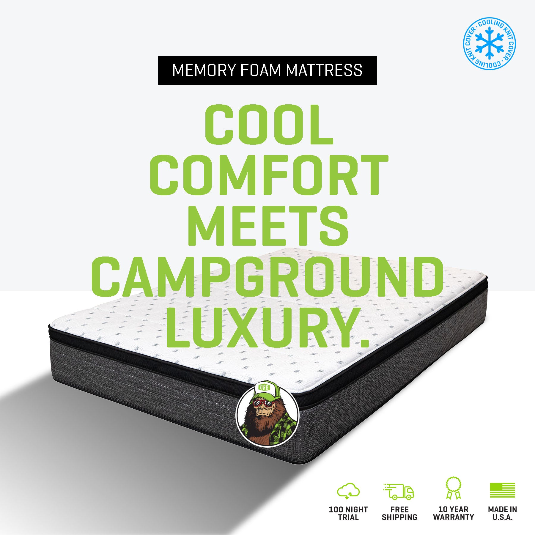Memory foam mattress with text 'Cool comfort meets campground luxury' on a white background